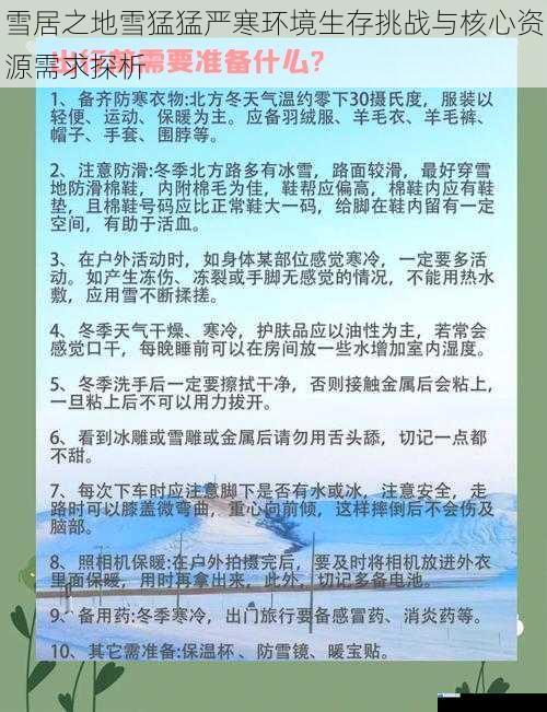 雪居之地雪猛猛严寒环境生存挑战与核心资源需求探析