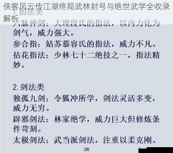 侠客风云传江湖终局武林封号与绝世武学全收录解析